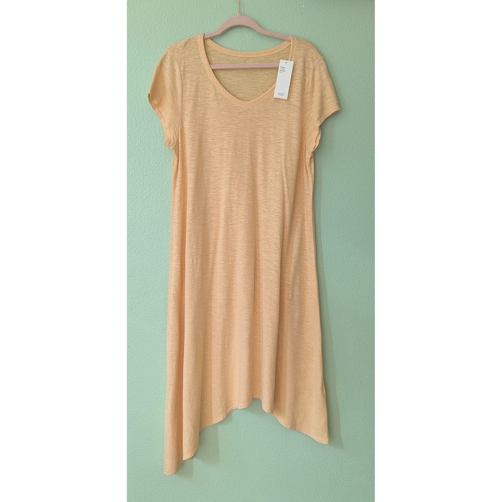 Eileen Fisher Hemp Organic Cotton Twist V-Neck Handkerchief Hem Dress Yellow L